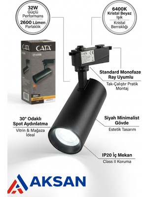 Cata CT-5338 Hermes 32W LED Ray Spot Beyaz Işık 6400K Siyah Gövde 2600 Lümen Mağaza ve Ev Ray Aydınlatma