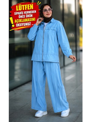 Esra Butik Ince Tensel Kot Takım – Boydan Fermuarlı Tesettür Takım | Açık Mavi & Lacivert
