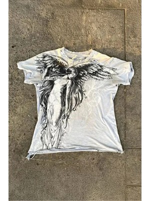 Moonstyle Collection Beyaz Vintage Angel Affliction Cyber Grunge Unisex T-Shirt