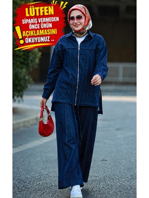 Esra Butik Ince Tensel Kot Takım – Boydan Fermuarlı Tesettür Takım | Açık Mavi & Lacivert