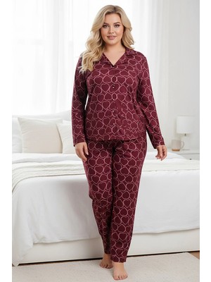Bravie Süet Gömlek Yumuşak Dokulu Büyük Beden Pijama Takımı 7240 Kırmızı Büyük Kalpli