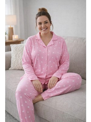 Bravie Süet Gömlek Yumuşak Dokulu Büyük Beden Pijama Takımı 7220 Pembe Kalpli