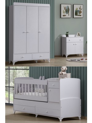 Setay Elegant Çocuk Odası Takımı, Elegant 3 Kapaklı Dolap, Büyüyen Beşik, Şifonyer - Beyaz