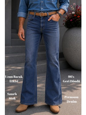 Cedy Denim Cedy Denım Premium Seri: Erkek Mavi Retro Flare Bootcut Jean - Geniş Paça Taşlanmış Denim Pantolon C370