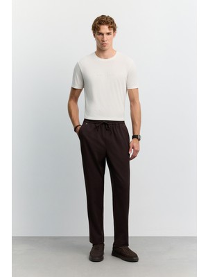 AVVA Erkek Kahverengi Beli Lastikli Bağcıklı Kolay Ütülenen Relaxed Fit Jogger Pantolon A62Y3041