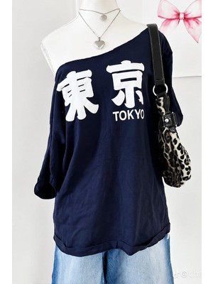 Moonstyle Collection Lacivert Tokyo Y2K Kısa Kollu Off Shoulder Kayık Yaka Street Styling Bluz