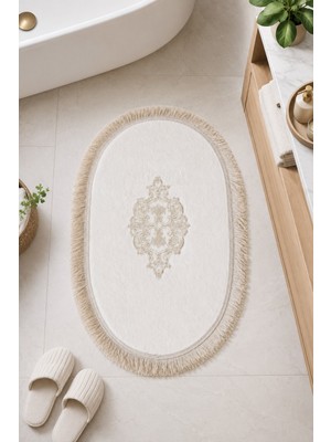 Teksev Beyaz Işlemeli Kaymaz Deri Tabanlı Oval Banyo Paspası Püsküllü Yıkanabilir Banyo Takımı Simela