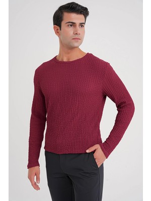 Efor Slim Fit Esnek Pamuklu Dokulu Kumaş Uzun Kollu Bordo Tişört Ts 934