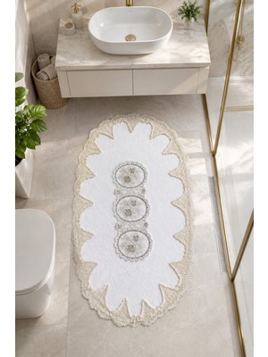 Teksev Beyaz Işlemeli Kaymaz Deri Tabanlı Oval Banyo Paspası Güpürlü Yıkanabilir Banyo Takımı Liana