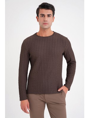 Efor Slim Fit Esnek Pamuklu Dokulu Kumaş Uzun Kollu Kahverengi Tişört Ts 934