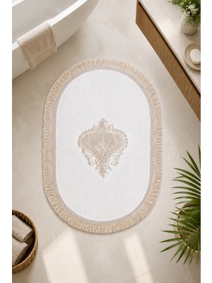 Bonny Home Dantelli Kaymaz Deri Tabanlı Oval Banyo Paspası Püsküllü Yıkanabilir Banyo Takımı Dione