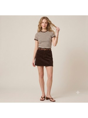 Blouse Çizgili Biyeli Kısa Kollu Fit Crop Bluz