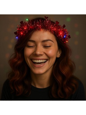 Hace Bazaar Kalp Püsküllü Gece Parıltısı 3 Modlu Led&amp;apos;li Işıklı Taç Kırmızı Renk (4887)