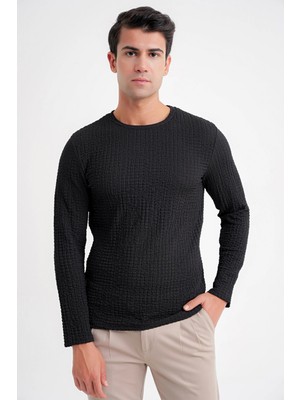 Efor Slim Fit Esnek Pamuklu Dokulu Kumaş Uzun Kollu Siyah Tişört Ts 934