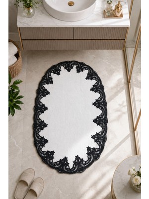 Teksev Beyaz Işlemeli Kaymaz Deri Tabanlı Oval Banyo Paspası Güpürlü Yıkanabilir Banyo Takımı Piera