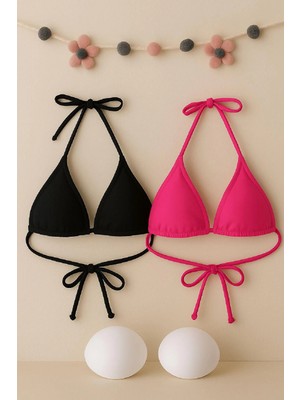 Hace Bazaar Marsilyan- Kadın Siyah ve Fuşya Minimal Kesim Üçgen Bikini Üstü