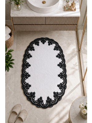 Teksev Gri Işlemeli Kaymaz Deri Tabanlı Oval Banyo Paspası Güpürlü Yıkanabilir Banyo Takımı Piera