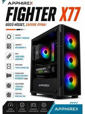 Apphirex Fıghter X77 Ryzen 7 7800X3D 16GB Ddr5 Ram 1tb M.2 SSD RTX5070 12GB Masaüstü Oyuncu Bilgisayar