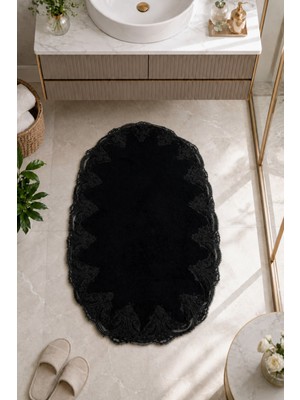 Teksev Siyah Işlemeli Kaymaz Deri Tabanlı Oval Banyo Paspası Güpürlü Yıkanabilir Banyo Takımı Piera