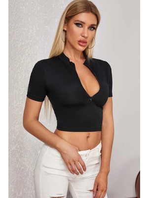 Hace Bazaar Marsilyan- Kadın Siyah Yarım Fermuarlı ve Kısa Kollu Crop Top Bluz