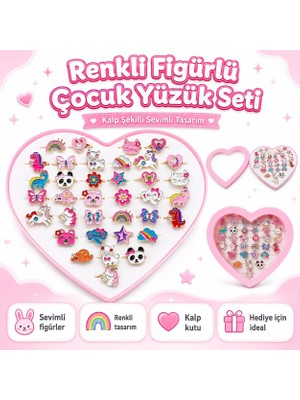 Shopfocus 36 Parça Renkli Figürlü Yüzük Seti Sevimli Figürler  Yüzük Kalp Şeklinde Özel Kutulu Kız Çocukları Için Ayarlanabilir Boyut Her Parmağa Uyumlu