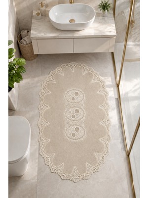 Teksev Vizon Işlemeli Kaymaz Deri Tabanlı Oval Banyo Paspası Güpürlü Yıkanabilir Banyo Takımı Liana