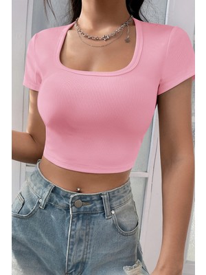 Hace Bazaar Marsilyan- Kadın Pembe Yarım Kol Düz Yaka Crop Top Bluz
