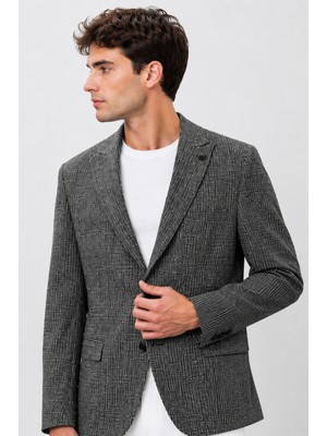 Bihan Store Erkek Ekose Model Çift Yırtmaç Tek Ceket 6 Drop 72105-GRI