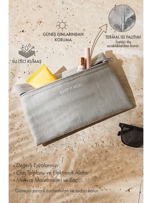 Ocean Home Textile Termal Astarlı Su Itici Leke Tutmaz Gri Renk Jüt Keten Makyaj Çantası 22 x 14 cm