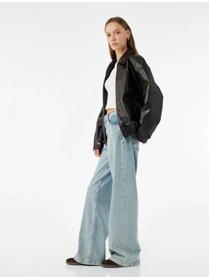 Koton Taşlı Wide Leg Açık Indigo Kadın Jean Pantolon 7WAL40047MD