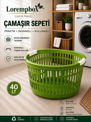 Lorempbox 40 Lt Yuvarlak Çamaşır Sepeti | Havalandırmalı Plastik Kirli Çamaşır Sepeti | Ergonomik Taşıma Kulplu | Dayanıklı Çamaşır Sepeti