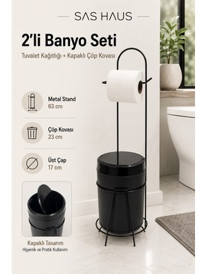 Sas Haus Ayaklı Tuvalet Kağıtlığı Çöp Kovası Seti Siyah Metal Wc Kağıtlık Kapaklı Banyo Çöp Kovası 2’li