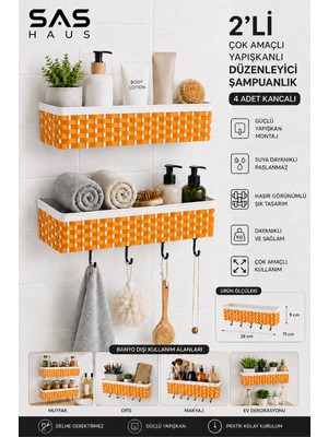 Sas Haus 2’li Beyaz Turuncu Hasır Görünümlü Yapışkanlı Banyo Rafı 4 Kancalı Plastik Duş Şampuanlık Organizer