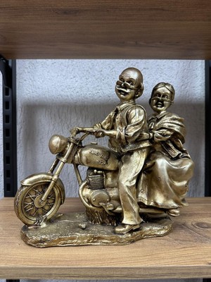 Tunç Hediyelik Dede Nine Motosiklet Biblo Heykel Dekoratif Hediyelik