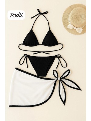 Hace Bazaar Marsilyan- Kadın Siyah Beyaz Pareolu Yandan ve Boyundan Bağlamalı 3'lü Bikini Takımı