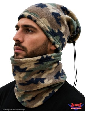 Axe Sportswear Unisex Kışlık Şapka Bere Olabilen Ipli Polar Boyunluk 2'li Set