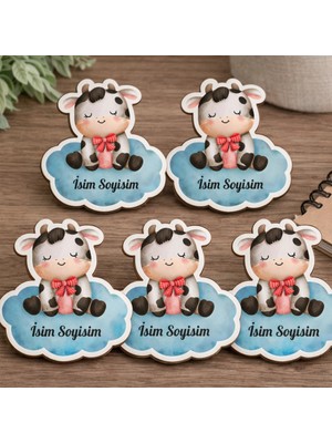 Kişiye Özel Sevimli Inek ve Bulut  5 Adet– 5x5 cm Mdf Isimlik