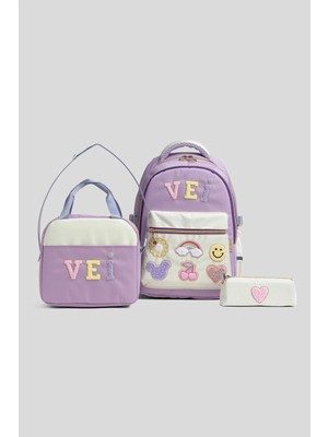Vei Bag Veibag Ember Ilkokul, Ortaokul Çanta Seti - Beslenme Çantalı ve Kalemlikli 3'lü Set - Su Itici Kumaş, Lila