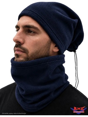 Axe Sportswear Unisex Kışlık Şapka Bere Olabilen Ipli Polar Boyunluk 2'li Set