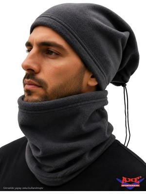 Axe Sportswear Unisex Kışlık Şapka Bere Olabilen Ipli Polar Boyunluk 2'li Set