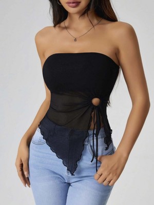 Hace Bazaar Kadın Siyah Crop Önden Halka Büzgü Detaylı 5094