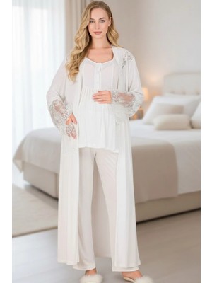 Lohussa Yeni Sezon Ekru Dantel Detaylı Kısa Kol Yazlık Hamile Lohusa Uzun Sabahlıklı Pijama Takımı 3'lü Set