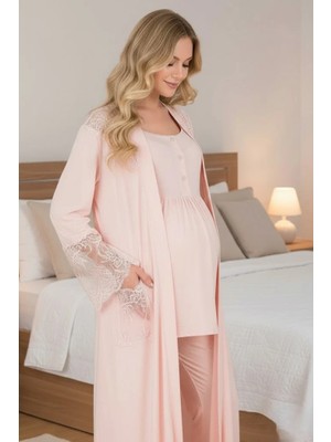 Lohussa Yeni Sezon Pudra Dantel Detaylı Kısa Kol Yazlık Hamile Lohusa Uzun Sabahlıklı Pijama Takımı 3'lü Set