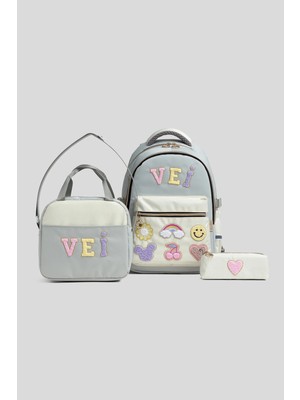 Vei Bag Ember Ilkokul, Ortaokul Çanta Seti - Beslenme Çantalı ve Kalemlikli 3'lü Set - Su Itici Kumaş, Gri