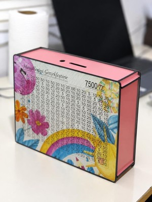 Abnturk 7500TL Ahşap Pembe Çiçekli Hedef Kumbara-Para Biriktirme Kutusu 23,5X18X6CM
