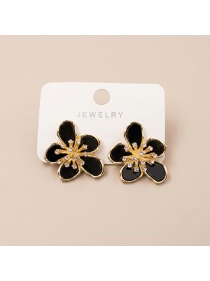 Jewelry Vıp Seri 316L Çelik Gold Renk Siyah Mineli ve Zirkon Taşlı Çiçek Motifli Küpe 3 cm