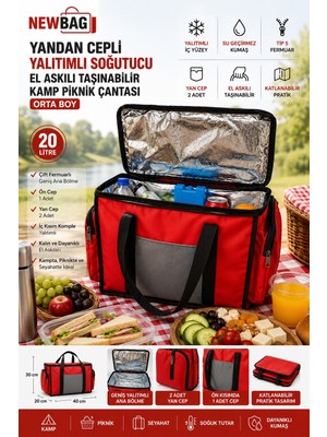 Newbag Yandan Cepli Yalıtımlı Soğutucu  El Askılı Taşınabilir Kamp Piknik Çantası - Orta Boy (Kırmızı-Gri)