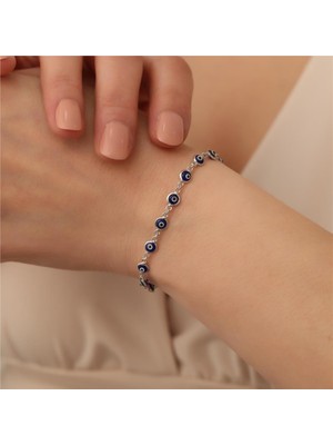 Nox Jewelry 925 Ayar Gümüş Lacivert Nazar Boncuklu Zincir Bileklik - CBS00104