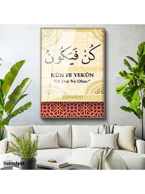 Tablofest Altın Renk Metal Çerçeveli Tamperli Cam Tablo Kun Fe Yekün Ayeti Türkçe Anlamlı Dini İslami Tablo Duvar Dekoru