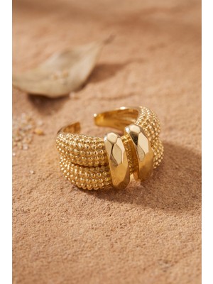 Mabelme Store Granül Dokulu Çift Sıra Ayarlanabilir Gold Renk Yüzük